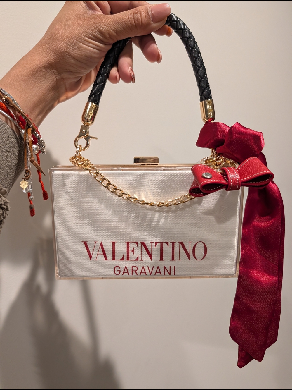 UPCYCLED White Acrylic Box Bag with Black Handle and Red Bow